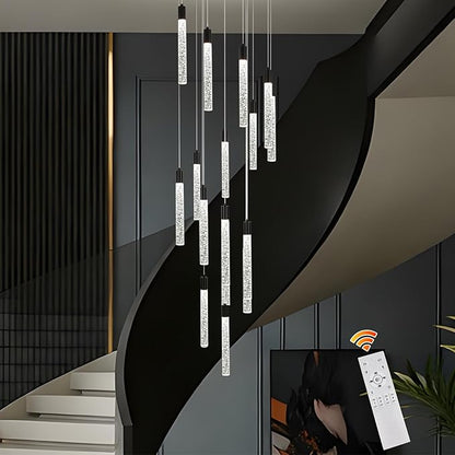 GEADI Modern LED High Ceiling Chandelier with Remote Control,16 Lights Crystal Foyer Chandeliers for High Ceilings,Black Dimmable Long Pendant Light for Staircase Entryway Living Room