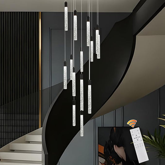 GEADI Modern LED High Ceiling Chandelier with Remote Control,16 Lights Crystal Foyer Chandeliers for High Ceilings,Black Dimmable Long Pendant Light for Staircase Entryway Living Room