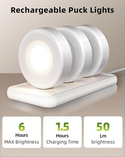 EZVALO LED Puck Lights with Charging Station, Rechargeable Stick On Tap Lights, Wireless Closet Light, 3 Color Temps, Under Cabinet Lights, 2.5'' Mini Touch Light for Kitchen,Pantry,Shelves(6 Pack)