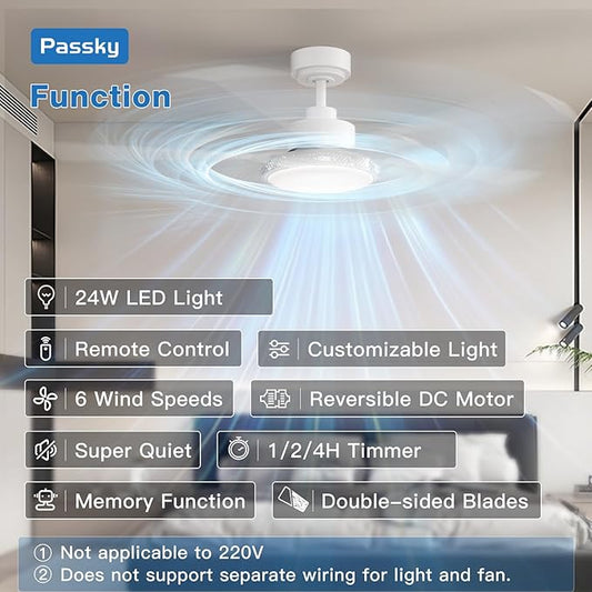 Passky Ceiling Fans with Lights, 52 inch Modern Ceiling Fan with Light and Remote Control, 3CCT, Dimmable, Reversible, Noiseless, White Ceiling Fan for Bedroom, Living Room