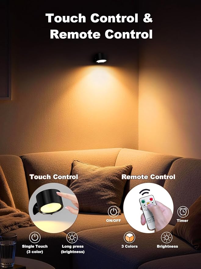 Smiling Shark Wireless Wall Light, Rechargeable Wall Light LED 360° Rotate Magnetic 3 Color & 4 Brightness Stepless Dimming Adhesive Rechargeable Wall Sconce for Bedroom Bedside, Black