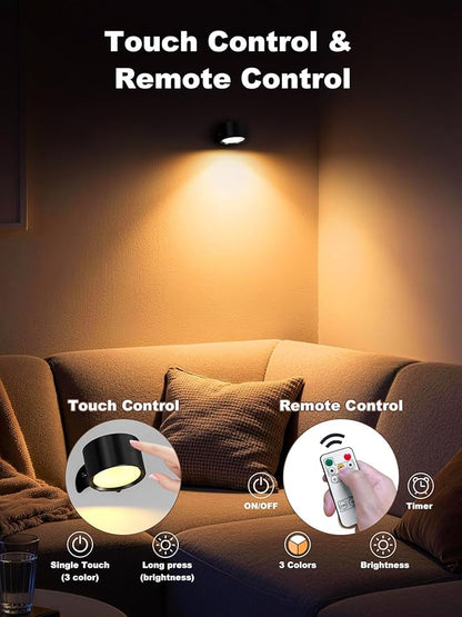 Smiling Shark Wireless Wall Light, Rechargeable Wall Light LED 360° Rotate Magnetic 3 Color & 4 Brightness Stepless Dimming Adhesive Rechargeable Wall Sconce for Bedroom Bedside, Black