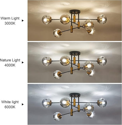 DDLLDESHI 6-Light Glass Globe Sputnik Chandelier Modern Matte Black and Gold Ceiling Light Fixture Vintage Hanging Chandeliers for Farmhouse Living Room, Kitchen Dining Room Bedroom