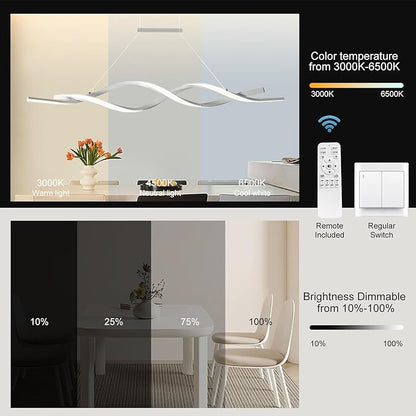 Jaycomey Modern Pendant Light, Dimmable LED Chandelier with Remote Control, Wave Shape Chandelier Lighting, Chandeliers for Dining Rooms Kitchen Island Restaurant Living Room, 3000-6000K, 28W, White