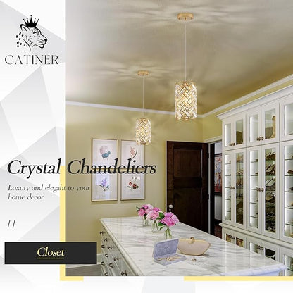 CATINER 1-Light Gold Crystal Pendant Light, Mini Ceiling Hanging Light Fixture with K9 Prisms for Kitchen Island, Bathroom, Bedroom, or Bar