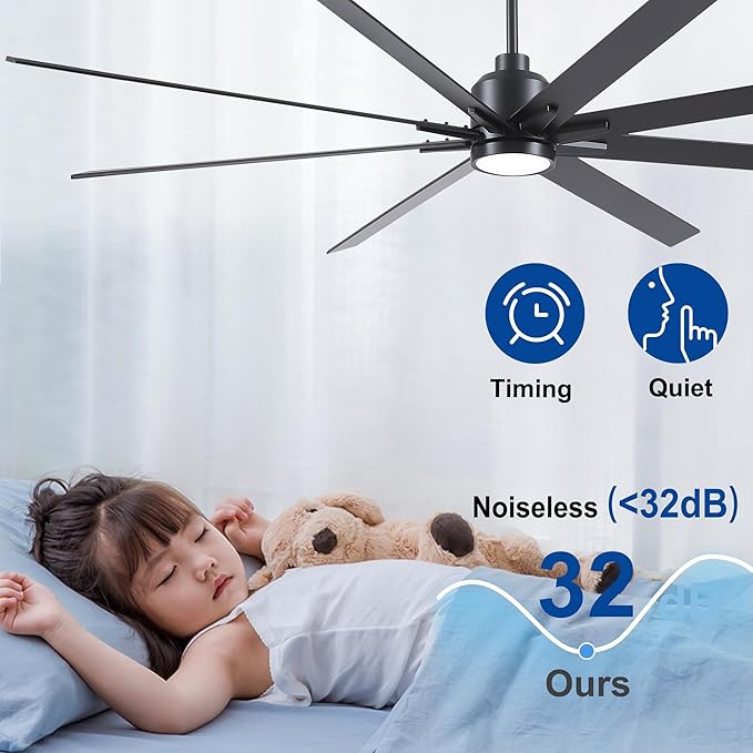 Rayqueen 84 Inch Large Ceiling Fans with Lights and Remote, Black Blades, 3CCT Dimmable LED, 6-Speed Reversible DC Motor, Ultra Quiet, 3 Timers for Living Room, Great Bedroom & Covered Outdoor