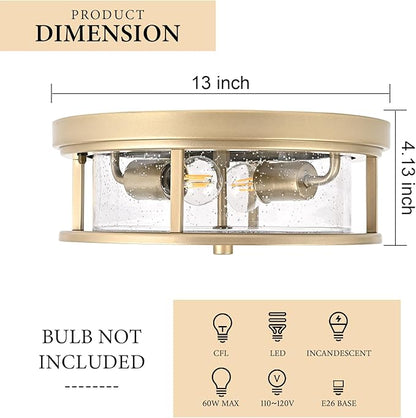 Gold Flush Mount Ceiling Light Fixture with Glass Brass Ceiling Light Fixture for Bedroom, Indoor Outdoor Ceiling Lights for Porch Hallway Kitchen