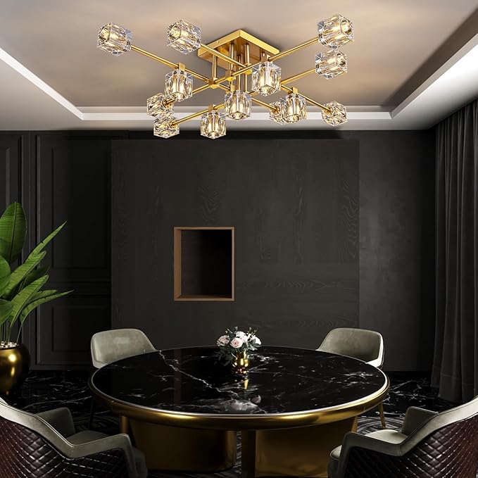 Semi Flush Mount Ceiling Light Fixture,13-Lights Modern Gold K9 Crystal Chandeliers,Farmhouse Light Fixtures Ceiling Sputnik Lights for Bedroom,Living Room,Dining Room,Kitchen,Entryway