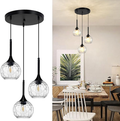 3 Light Pendant Lighting: 5.91'' Glass Pendant Lights Kitchen Island with Hammered Glass & Black Finish - Modern Minimalist Hanging Light Fixture for Kitchen Sink Dining Room - E26 Base