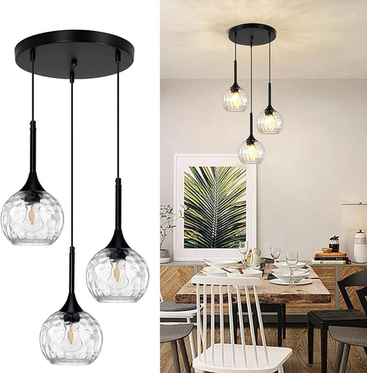 3 Light Pendant Lighting: 5.91'' Glass Pendant Lights Kitchen Island with Hammered Glass & Black Finish - Modern Minimalist Hanging Light Fixture for Kitchen Sink Dining Room - E26 Base