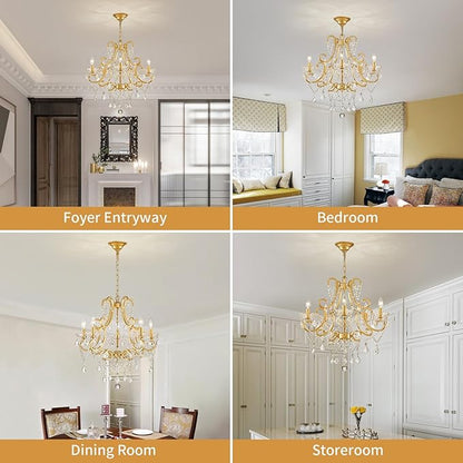 Crystal Chandelier, 5-Light Gold Chandelier for Dining Room Light Fixture, K9 Crystal Pendant Ceiling Light Fixture, Modern Candle Chandelier for Living Room Kitchen Island Entryway Bedroom