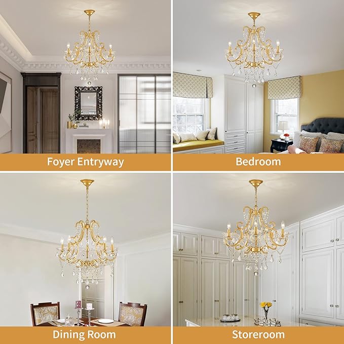 Crystal Chandelier, Golden Crystal Lighting,5-Light Modern Chandelier for Living Room Kitchen Island Entryway Bedroom