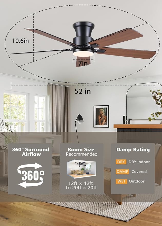 JSAITEE 52Inch Ceiling Fan with Lights and Remotes, Modern Smart Flush Mount Ceiling Fans,DC Reversible Motor, 3CCT Dimmable,Noiseless,Dual Finish, Brown 6 Speeds Ceiling Fan for Indoor/Outdoor
