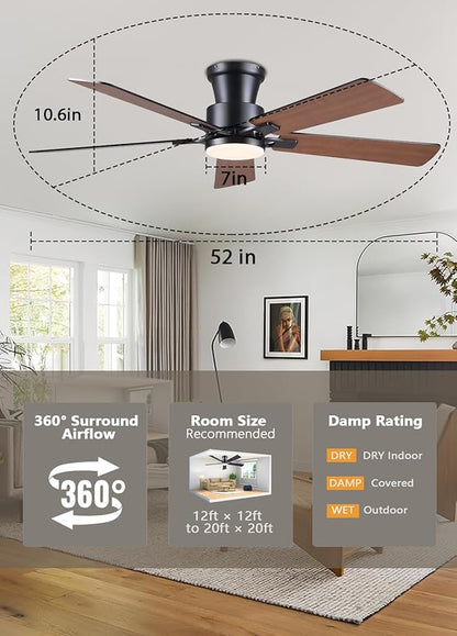 JSAITEE 52Inch Ceiling Fan with Lights and Remotes, Modern Smart Flush Mount Ceiling Fans,DC Reversible Motor, 3CCT Dimmable,Noiseless,Dual Finish, Brown 6 Speeds Ceiling Fan for Indoor/Outdoor