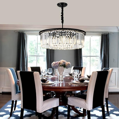 23" 8-Light Modern Crystal Chandelier Light Fixtures 2 Rings Black Luxury Chandeliers for Dining Room Round Hanging Pendant Lighting for Living Room Kitchen Entryway Bedroom