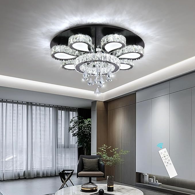 HAIXIANG Glam Crystal Chandelier for Living Room Dining Room Chandeliers Light Fixtures LED Remote Dimmbale Lighting for Dining Room Bedroom Living Room Black 40W LEDs Lights