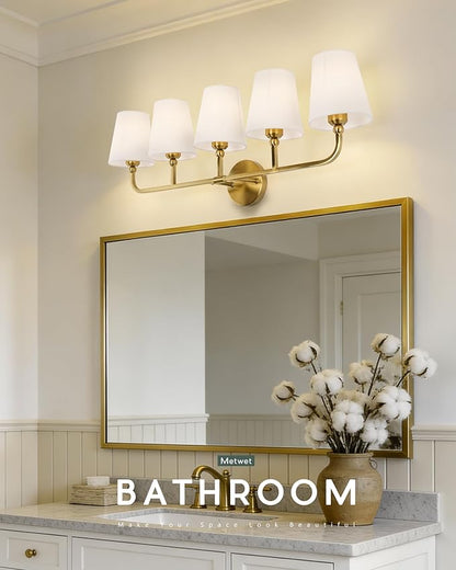 5-Light Bathroom Light Fixtures, Brushed Gold Vanity Lights with Flared Beige Fabric Shade, 35 Inch Wall Sconce, Vintage Sconces Wall Lighting for Hallway Bedroom, VL837-BG-B-5