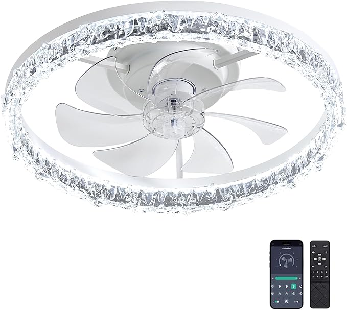 Ceiling Fans with Lights and Remote Fandelier - 20'' Flush Mount Low Profile Modern Ceiling Fans for Bedroom - Stepless Color Temperature and 6 Speeds - Crystal & White