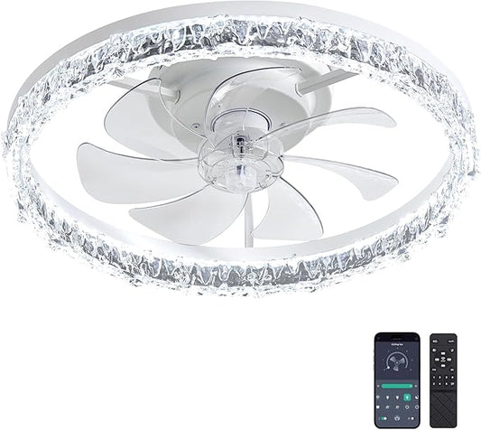 Ceiling Fans with Lights and Remote Fandelier - 20'' Flush Mount Low Profile Modern Ceiling Fans for Bedroom - Stepless Color Temperature and 6 Speeds - Crystal & White