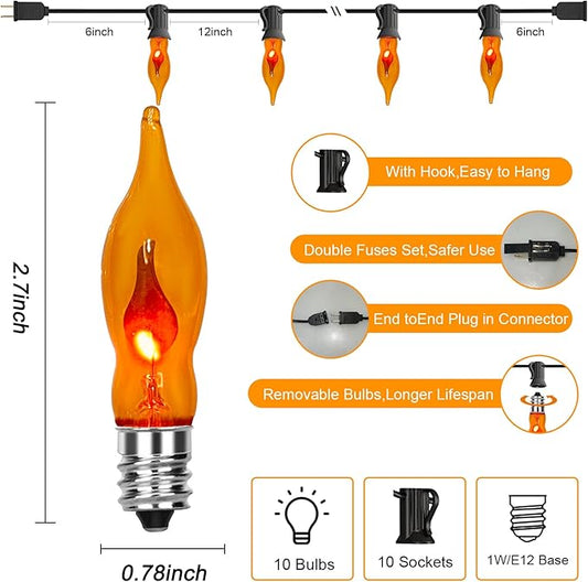 C18 Flickering Flame String Lights, 10Ft Halloween Decorations String Lights with 10 Flickering Flame Bulbs for Outdoor Garden Yard Home Halloween Party, Clear Orange- Black Wire