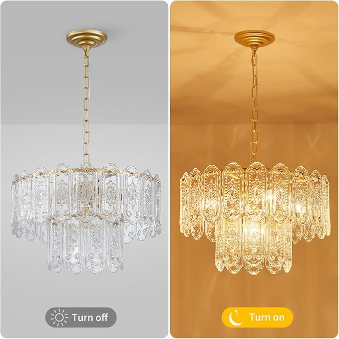 5-Lights Luxury Glass Chandeliers, Mid-Century Modern Chandeliers for Dining Room, D18.5'' × H18.9'', Adjustable Height (18.9"~51.2"), Gold Finish Frame & Double Figured Glass Shade
