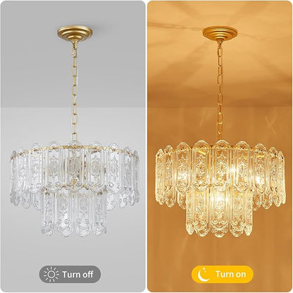 5-Lights Luxury Glass Chandeliers, Mid-Century Modern Chandeliers for Dining Room, D18.5'' × H18.9'', Adjustable Height (18.9"~51.2"), Gold Finish Frame & Double Figured Glass Shade