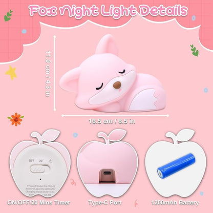 Fox Lamp for Girls, Pink Silicone Squishy Fox Shaped, 20 Mins Auto-Off Rechargeable Dimmable Night Light, Fox Gifts for Nursery Baby Girl Women, Christmas White Elephant Gifts Idea