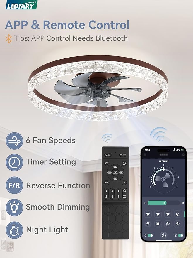 LEDIARY 20" Modern Ceiling Fans with Lights and Remote, Dimmable Low Profile Ceiling Fan, Flush Mount Ceiling Fan, Stepless Color Temperature Change and 6 Speeds - Brown