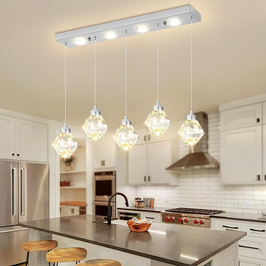 5-Lights Rectangular Pendant Light LED Dimmable Linear Crystal Chandelier Modern Rectangular Chandeliers for Dining Room Bedroom Silver Hanging Light