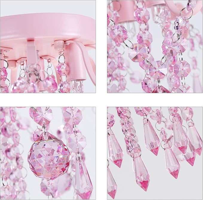 Q&S Mini Chandelier Crystal,Semi Flush Mount Pink Girl Chandelier, Small Crystal Ceiling Light Fixture Bedroom Bathroom Closet Nursery 3 Lights