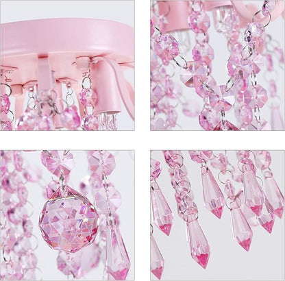 Q&S Mini Chandelier Crystal,Semi Flush Mount Pink Girl Chandelier, Small Crystal Ceiling Light Fixture Bedroom Bathroom Closet Nursery 3 Lights