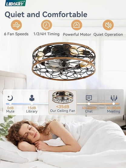 LEDIARY 20 Inch Caged Ceiling Fans with Lights, Farmhouse Flush Mount Ceiling Fan with Remote, Black&Walnut Low Profile Ceiling Fan Light Fixture for Bedroom, Kitchen, Dining Room