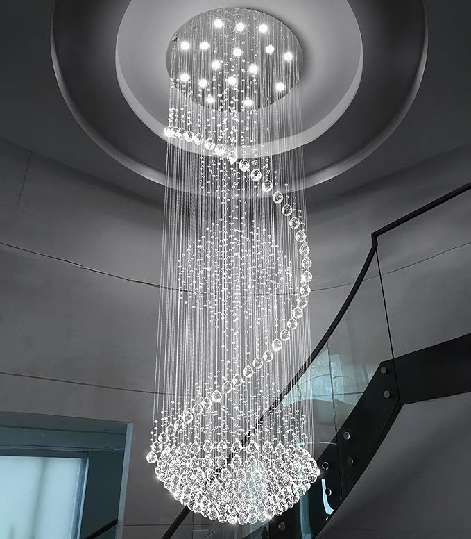 D40'' x H120'' Crystal Chandelier High Ceiling Chandeliers for Staircaes Large Raindrop Chandeliers LED Dimmable Flush Mount Light Fixtures for Foyer Hallway Entryway LED Bulbs Included Silver