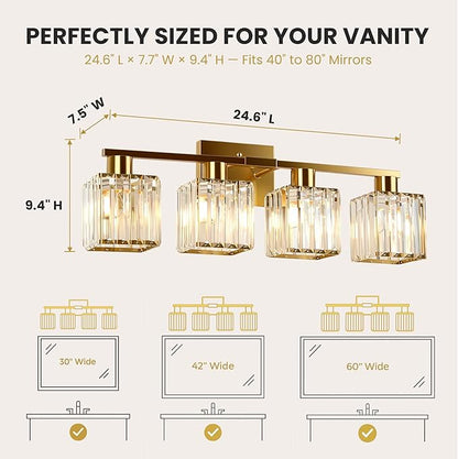 Crystal Bathroom Light Fixtures, 4-Light Brushed Gold, Vanity Lights for Bathroom Over Mirror, Modern Bath Wall Sconce for Mirror Bedroom Living Room