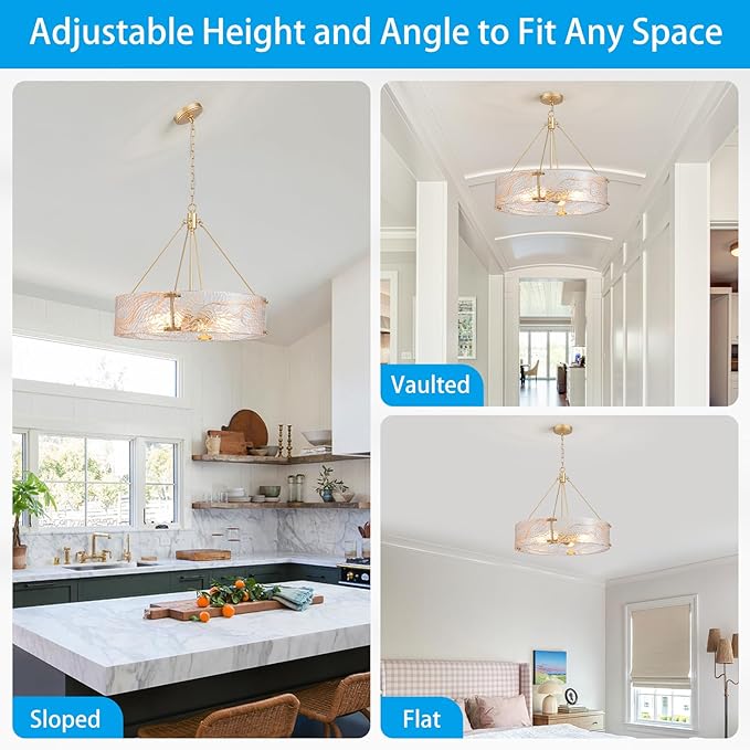 XINGQI 20.7“ Glass Gold Chandeliers for Dining Room, Drum 4-Light Over Table Hanging Pendant Lighting for Hight Ceiling Living Room Kitchen Island Bedroom Office