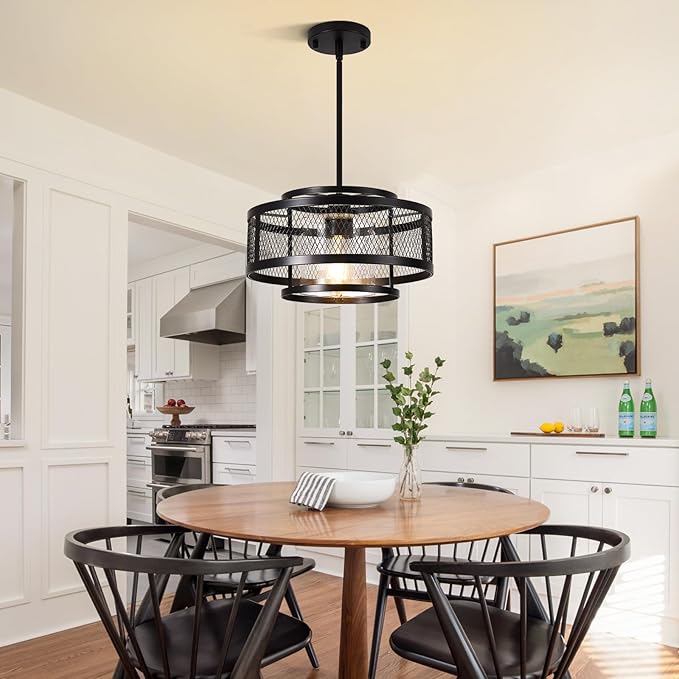 Modern Pendant Lights Kitchen Island, Black Pendant Light Fixtures with 13" Metal Cage, Industrial Farmhouse Hanging Pendant Lights Fixture for Kitchen Island Dining Room Bedroom Hallway Entryway