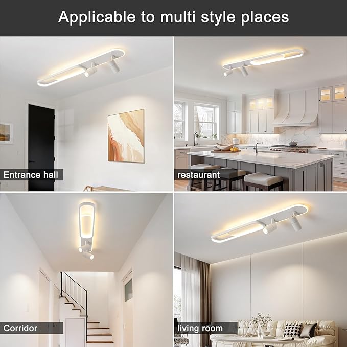 39.3Inch Dimmable LED Ceiling Light with 2 Spotlights Modern LED Ceiling Light with Remote Long Linear Ceiling Lamp for Kitchen Bedroom Office Laundry Room White/50W