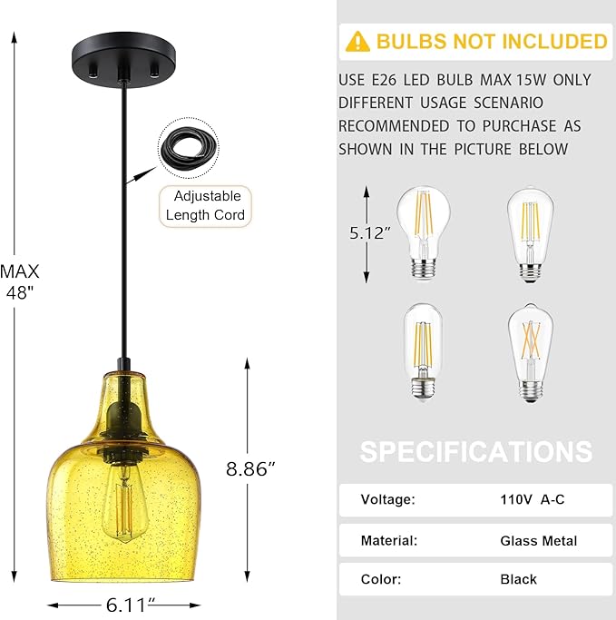 3 Pack 1 Light Hanging Indoor Kitchen Island Pendant Light 6.1" Seeded Yellow Glass Pendant Ceiling Light Fixtures Black Finish Modern Farmhouse Dinning Over Sink