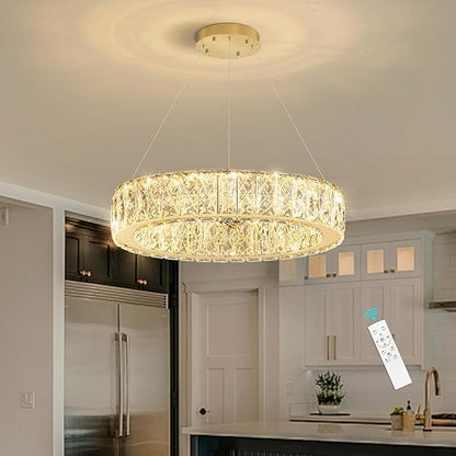 Modern Crystal Chandelier 15W LED Dimmable Lighting Fixture Adjustable Round Pendant Light for Dining Room Living Room Kitchen Bedroom Gold