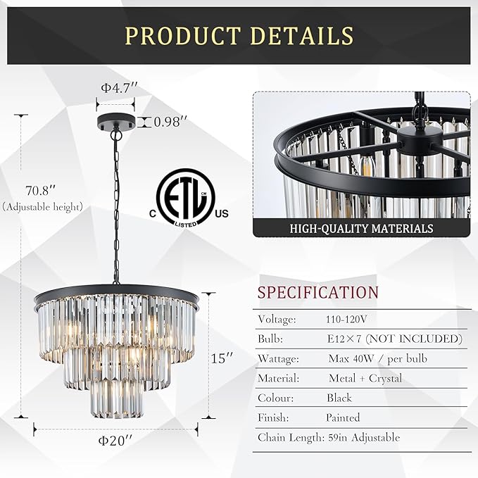 CATINER Modern Smoke Gray Crystal Chandeliers, Black 20” Round Chandelier 3 Tiers 7 Lights Luxury K9 Crystal Ceiling Pendant Light Fixture for Dining Room Foyer Bedroom Closet