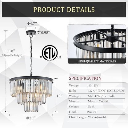 CATINER Modern Smoke Gray Crystal Chandeliers, Black 20” Round Chandelier 3 Tiers 7 Lights Luxury K9 Crystal Ceiling Pendant Light Fixture for Dining Room Foyer Bedroom Closet