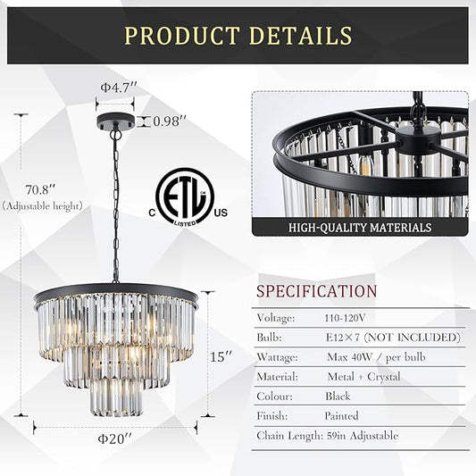 CATINER Modern Smoke Gray Crystal Chandeliers, Black 20” Round Chandelier 3 Tiers 7 Lights Luxury K9 Crystal Ceiling Pendant Light Fixture for Dining Room Foyer Bedroom Closet