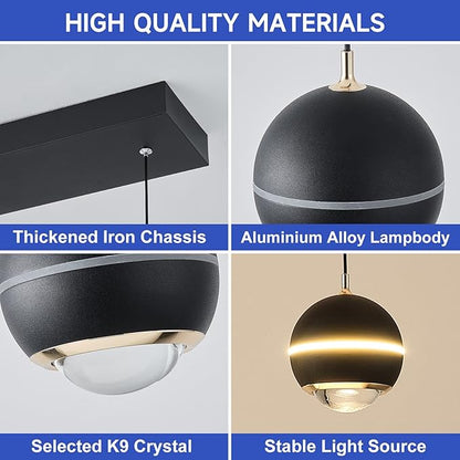 ORANOOR Modern LED Pendant Lights, Dimmable 36in Crystal Globe LED Chandelier Lighting, Black & Gold Dining Room Hanging Light Fixtures Kitchen Island Linear Pendant Light for Dining Table (3500lm)