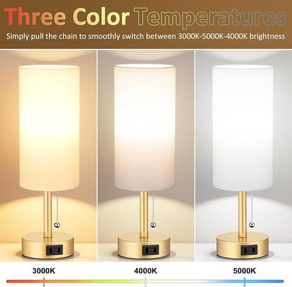 Fenmzee Gold Bedside Table Lamps Set of 2-3 Color Temperatures Pull Chain Lamp with AC Outlet Charging Port, Two Round Night Stand Lamps for Bedroom Office Living Room