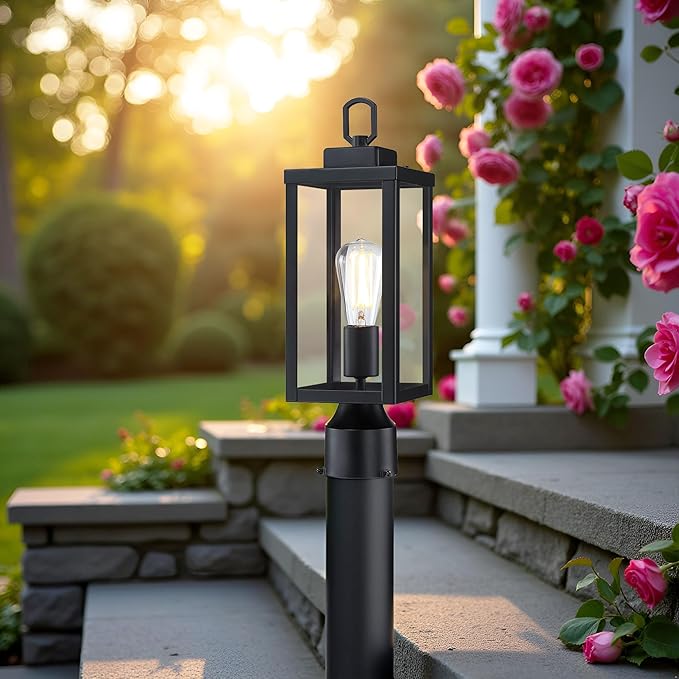 GRUENLICH Outdoor Post Lighting Fixture Pole Lantern, E26 Medium Base Max 60W, Metal Housing Plus Glass, Matte Black Finish, Bulb Not Included, 2 Pack