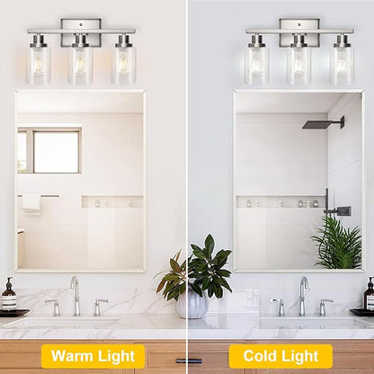 Ascher Bathroom Vanity Light Fixtures, 3 Light Wall Sconces Lighting with Clear Glass Shade, Brushed Nickel Wall Lights for Mirror, Kitchen, Living Room, Gallery, E26 Base (Bulbs Not Included)