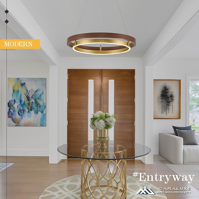 LED Ring Chandelier Dimmable Gold Chandelier Round Foyer Chandeliers Light Mahogany Wood Printed Circular Chandeliers for Dining Room Entry Bedroom Office Living Room, 24in