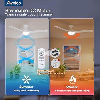 Amico Ceiling Fans with Lights, 52 inch Low Profile Ceiling fan with Light and Remote Control, Flush Mount, Reversible, 3CCT, Dimmable, Noiseless, White Ceiling Fan for Bedroom, Indoor/Outdoor Use