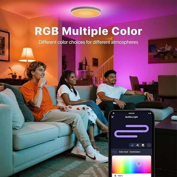 Smart LED Ceiling Light Flush Mount,16 Inch RGB, Dimmable 3000K-6500K, Night Light 2000K, Compatible with Alexa, Google, Tuya