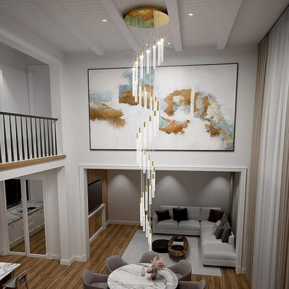 Extra Long Crystal Chandelier for High Ceiling, 36-Light Gold Crystal Column Chandeliers, Modern Dimmable LED Light Fixtures for Foyer, Staircase, Hotel Lobby